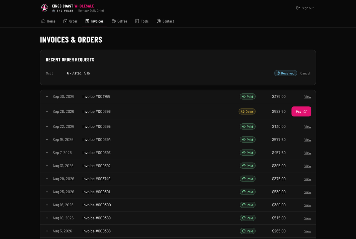 Kings Coast Wharf ordering and invoice dashboard