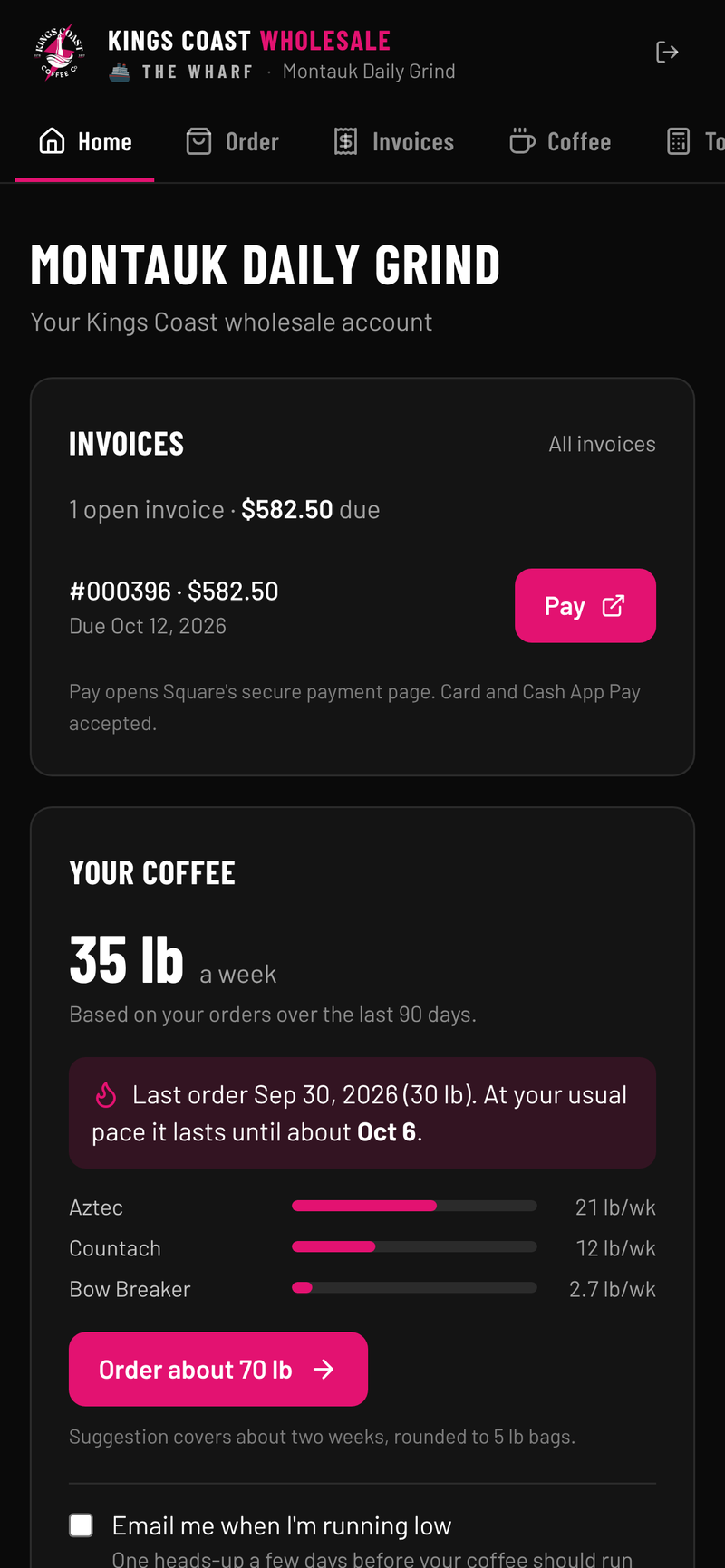 The Wharf wholesale portal on mobile