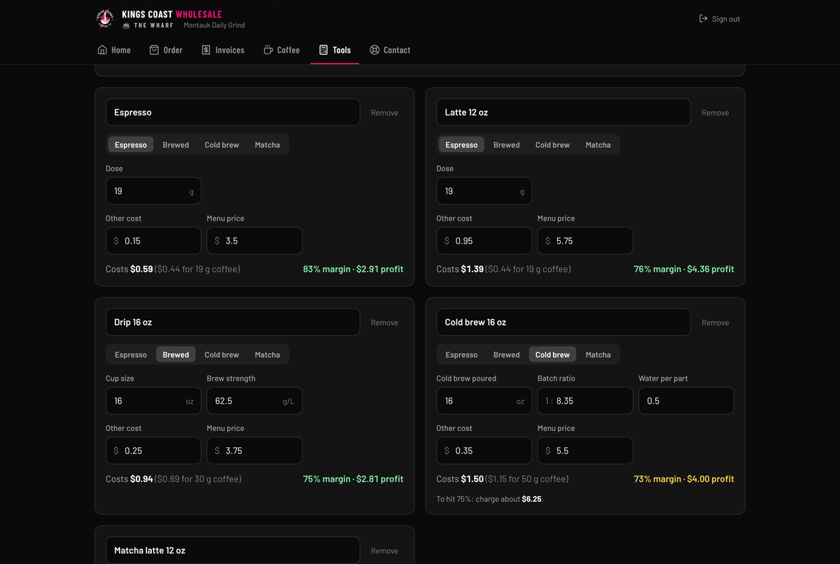 Kings Coast Wharf menu margin and cost tools